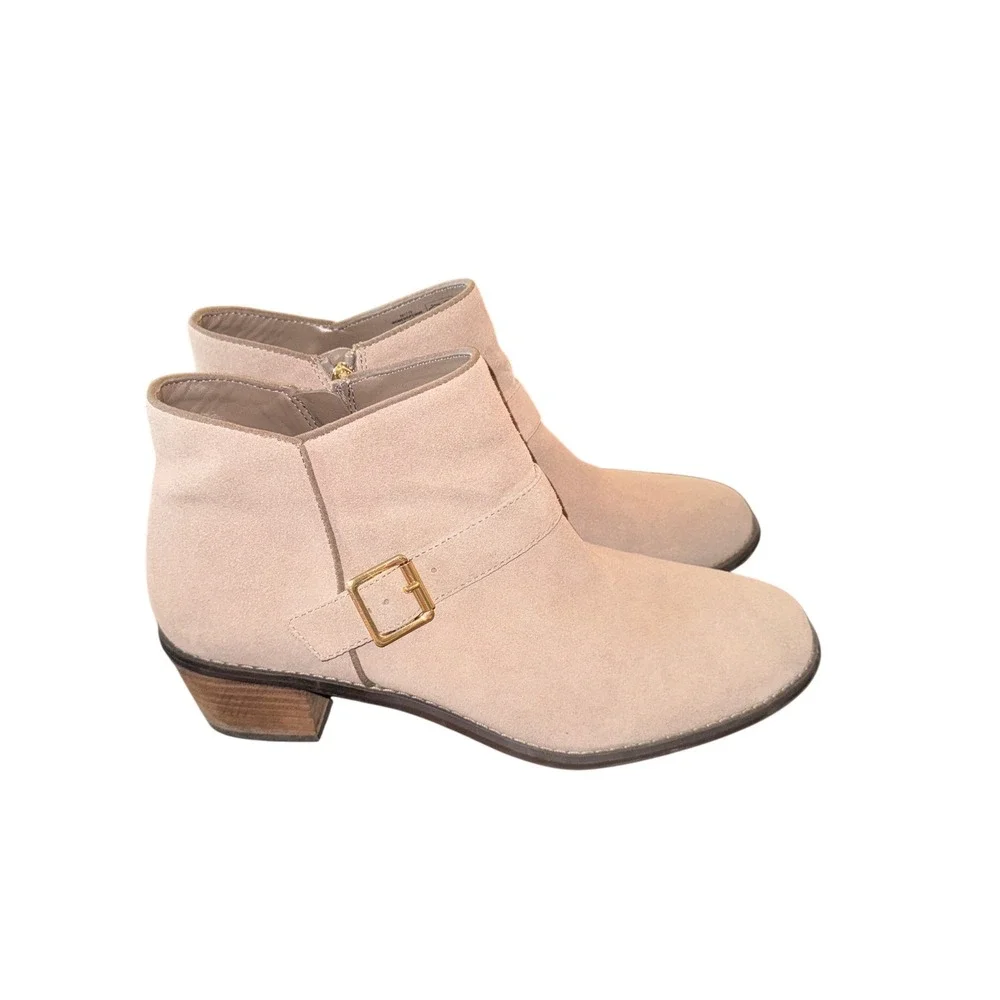 Lands' End Women's Ankle Boots Beige 10B Suede Leather Buckle Accent Zip Closure